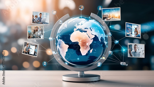 The world's interconnection in contemporary communication technologies is symbolized by an abstract digital globe with global network connections and media content pictures floating around it. Artific photo