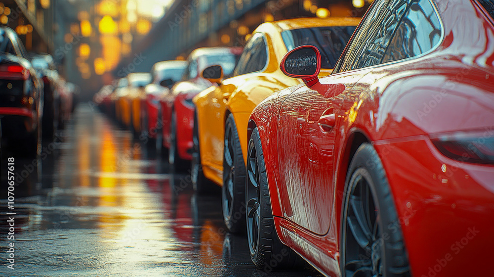 Close-up of red sports cars lined up on a rainy street, reflecting city lights