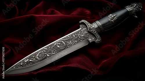 A beautifully crafted dagger with intricate engravings, resting on rich red fabric, highlighting its elegance and craftsmanship. photo