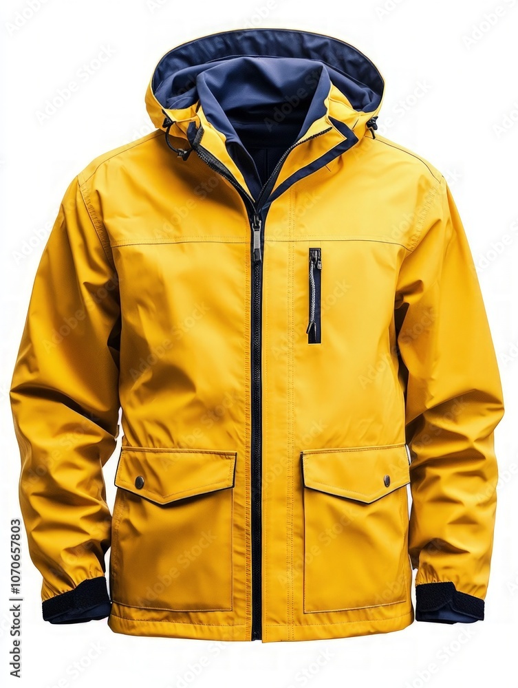 Vibrant yellow waterproof jacket with contrasting blue interior, featuring a hood, zippered front, and spacious pockets, perfect for outdoor adventures and rainy days Vibrant yellow waterproof jacket with contrasting blue interior, featuring a hood, zippered front, and spacious pockets, perfect for outdoor adventures and rainy days