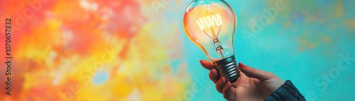 Abstract representation of a teacher holding a light bulb, symbolizing ideas, open space for text, modern and creative design, bright colors