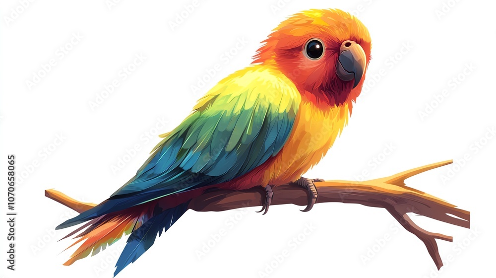 Fototapeta premium a 2D cartoon illustration of a tropical bird sitting on a branch, colorful and lively, white background--ar 16:9