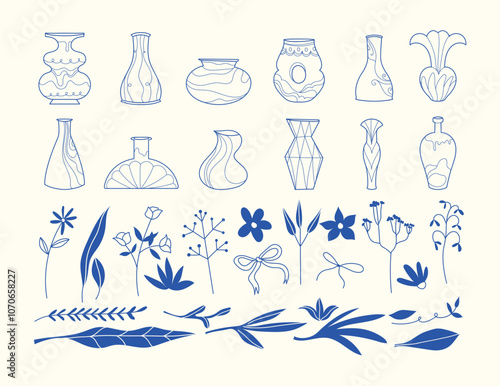 Blue Clay Vase and Pot Ceramic pottery set and Botanical Floral flowers, seamless leaves and plants editable isolated on background ink line simplify illustration variety, diversity, flowerist, leaf