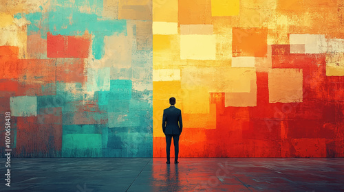Businessman standing on sight labeled past and future, looking forward to success. Strategic planning and ambitions for growth. Contemporary art collage. Concept of business, achievement, development.