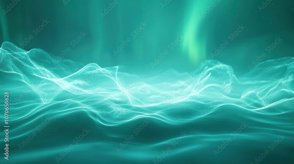 A serene view of ethereal waves illuminated by soft, green light, creating a mystical underwater ambiance. A serene view of ethereal waves illuminated by soft, green light, creating a mystical underwater ambiance.