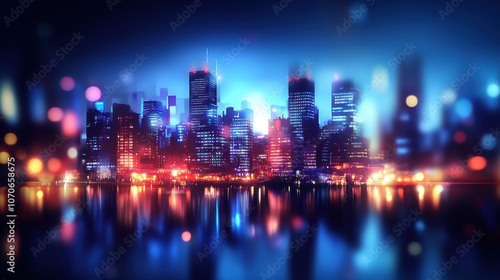 Fototapeta premium A vibrant night view of a city skyline reflecting on water, showcasing colorful lights and a serene atmosphere.
