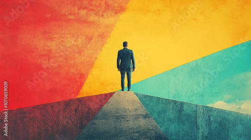 Businessman standing on sight labeled past and future, looking forward to success. Strategic planning and ambitions for growth. Contemporary art collage. Concept of business, achievement, development.