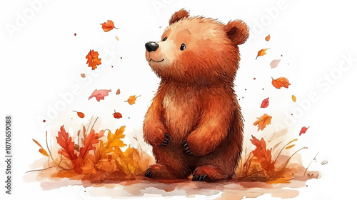 Cartoon bear character painted in watercolor vector illustration on a white isolated background in a warm autumn season.