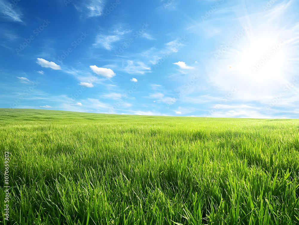 A lush green field under a vibrant blue sky. Perfect for themes of freedom, creativity, and inspiration.