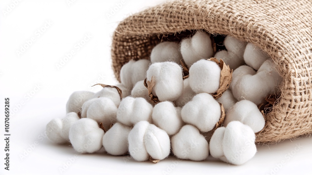 Soft Cotton Bolls Spill from Burlap Sack: A Study in Purity Soft Cotton Bolls Spill from Burlap Sack: A Study in Purity