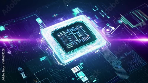 Futuristic Microchip Design Glowing Digital Circuits and Abstract Electronics Innovation in Vibrant Colors and Intricate Details for Modern Technology