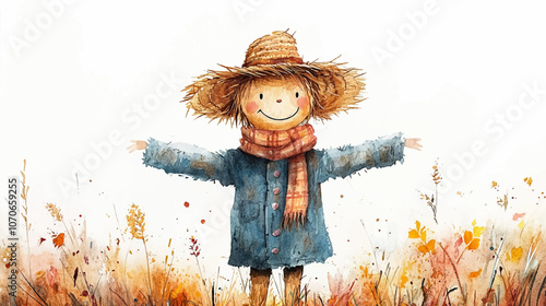 Charming watercolor design vector illustration, a playful scarecrow with a straw hat and friendly face, standing in a field with soft autumn colors, isolated on a white background.