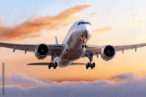 A soft watercolor painting of an airplane flying at sunset, with warm colors blending in the sky and gentle brushstrokes for clouds