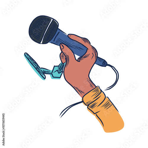 Podcast microphone in flat design. Broadcast speaker hand holding mic. Vector illustration isolated.