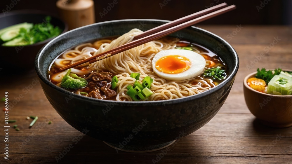 A delicious bowl of ramen topped with an egg, green onions, and vegetables. A delicious bowl of ramen topped with an egg, green onions, and vegetables.