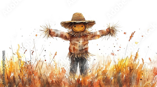 Charming watercolor design vector illustration, a playful scarecrow with a straw hat and friendly face, standing in a field with soft autumn colors, isolated on a white background.