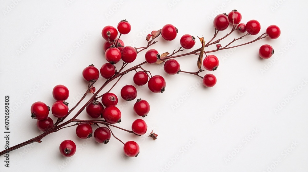 Red Berries Branch on White Background: A Minimalist Nature Photograph Red Berries Branch on White Background: A Minimalist Nature Photograph