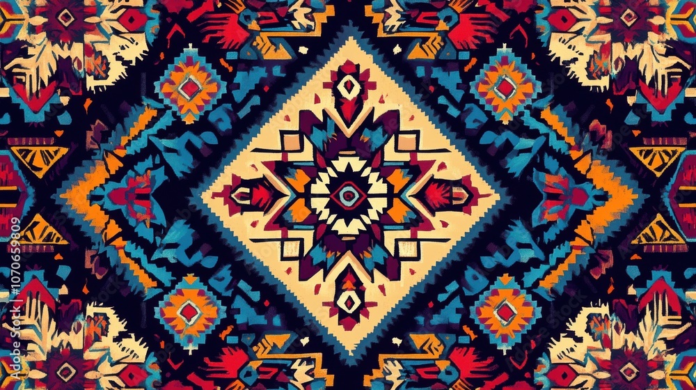 Vibrant tribal pattern featuring rich colors and intricate geometric designs. Vibrant tribal pattern featuring rich colors and intricate geometric designs.