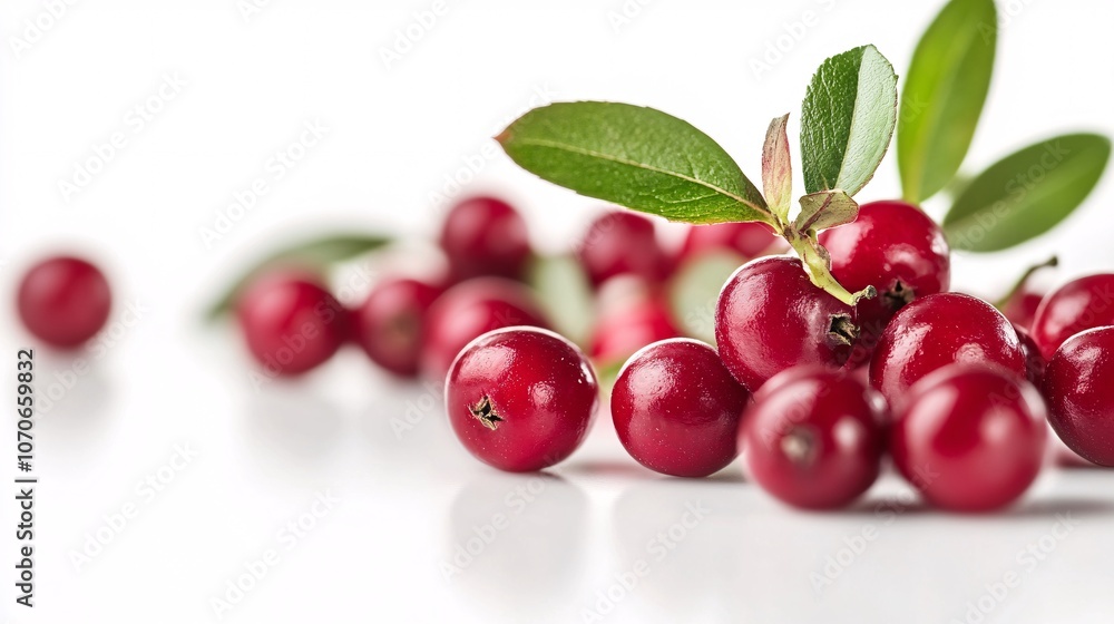 Ripe Red Cranberries with Green Leaves on White Background Ripe Red Cranberries with Green Leaves on White Background