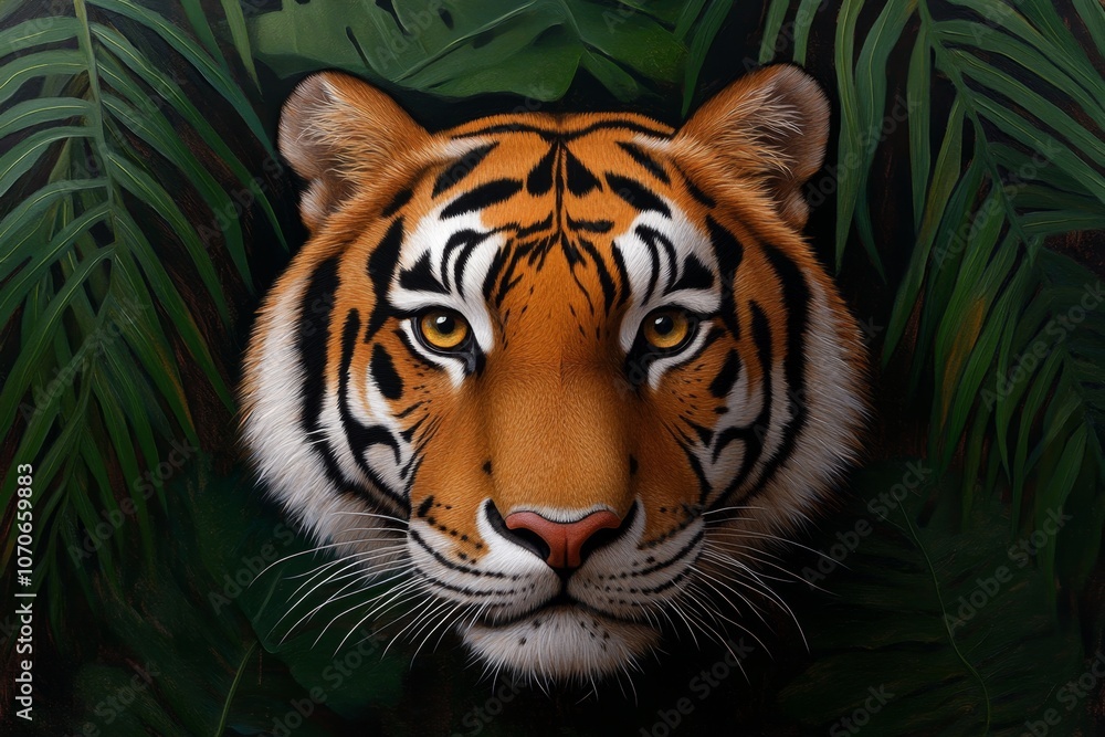 A wildlife painting of a tiger in the forest, with detailed textures of its fur and the surrounding foliage A wildlife painting of a tiger in the forest, with detailed textures of its fur and the surrounding foliage