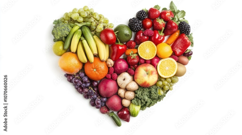 Heart-shaped arrangement of fresh fruits and vegetables Heart-shaped arrangement of fresh fruits and vegetables