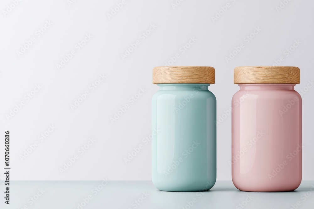 Two decorative jars, one blue and one pink, sit against a minimalist background, showcasing simple elegance and colorful design. Two decorative jars, one blue and one pink, sit against a minimalist background, showcasing simple elegance and colorful design.
