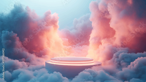 Cloud background podium blue 3d product sky white display platform render abstract stage pastel scene. Podium stand light minimal cloud background studio dreamy pedestal backdrop smoke geometric.