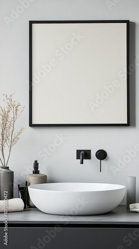Mockup of Modern Bathroom with Blank Frame Above Minimalist Sink, Clean Lines, and Sleek Accessories