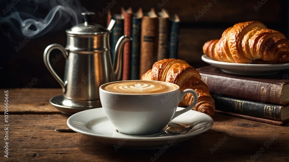 A cozy coffee scene with a cup, croissants, and books, evoking warmth and relaxation. A cozy coffee scene with a cup, croissants, and books, evoking warmth and relaxation.