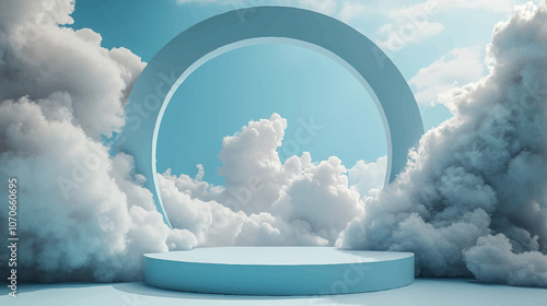 Cloud background podium blue 3d product sky white display platform render abstract stage pastel scene. Podium stand light minimal cloud background studio dreamy pedestal backdrop smoke geometric.