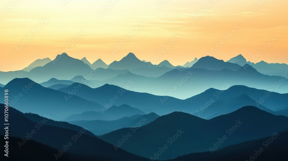 Serene mountain landscape at sunrise, showcasing layers of peaks in soft hues of blue and orange. Serene mountain landscape at sunrise, showcasing layers of peaks in soft hues of blue and orange.