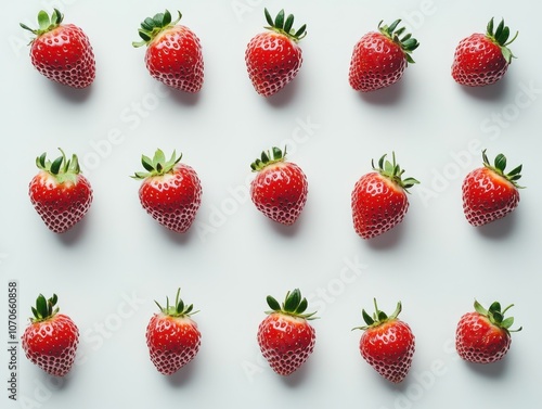 A symmetrical pattern of ripe red strawberries on a white background.