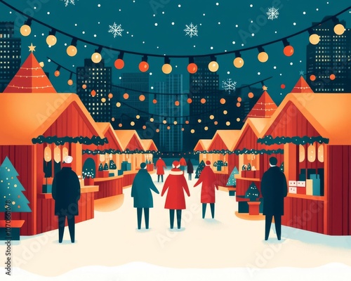 Wallpaper Mural A festive winter market scene with colorful stalls, snowflakes, and cheerful shoppers under twinkling lights. Torontodigital.ca