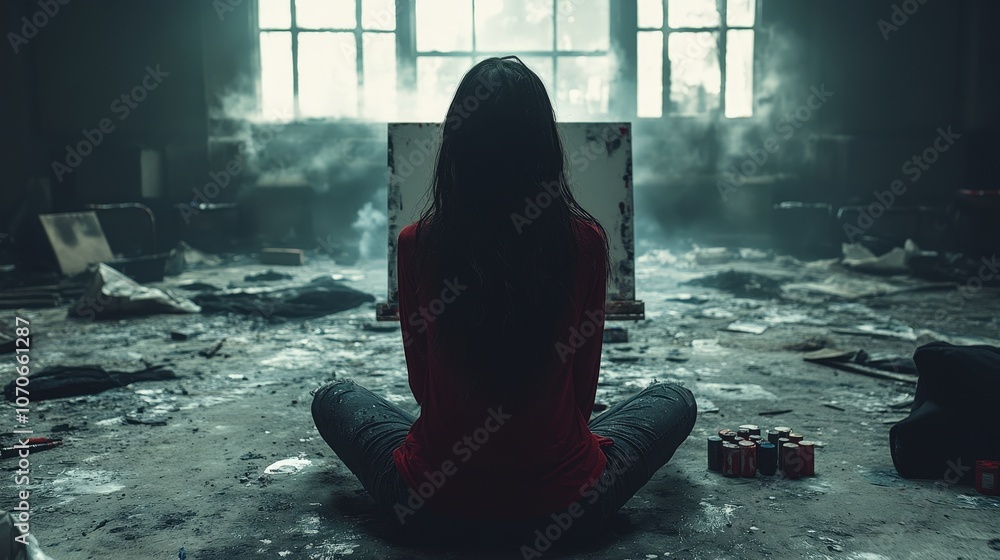 view of a girl sitting on the floor and drawing in the middle of a dilapidated room view of a girl sitting on the floor and drawing in the middle of a dilapidated room