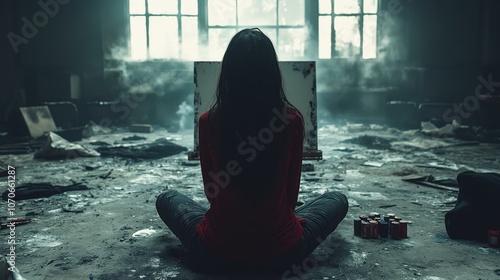 view of a girl sitting on the floor and drawing in the middle of a dilapidated room