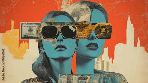 Modern collage humans are controlled by rulers who have money illustrations.