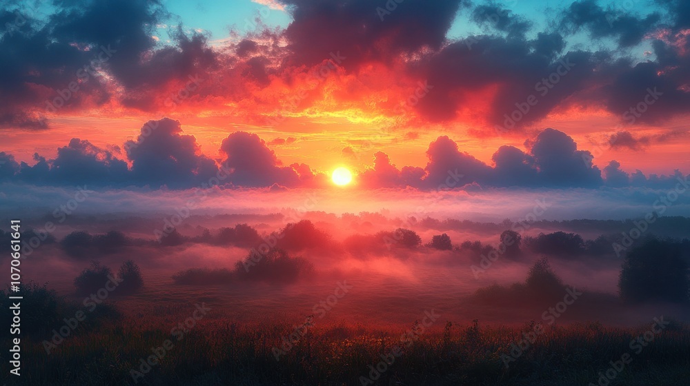 Fototapeta premium A vibrant sunset over a misty landscape with trees and clouds.