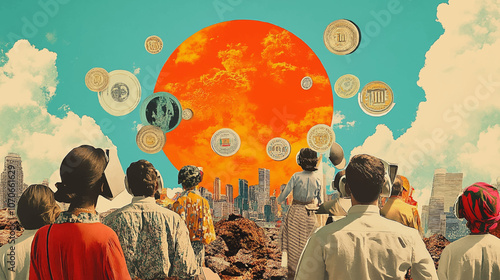 Modern collage humans are controlled by rulers who have money illustrations.