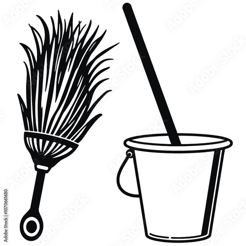 a black and white icon of a broom and a bucket