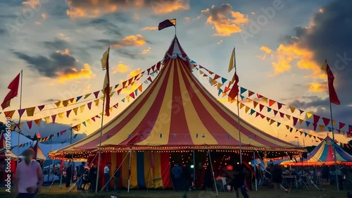 A circus tent with many flags and banners hanging from it. The sky is cloudy and the sun is setting