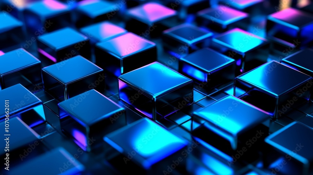A close-up view of shiny, reflective blue cube arranged in a patterned layout. A close-up view of shiny, reflective blue cube arranged in a patterned layout.