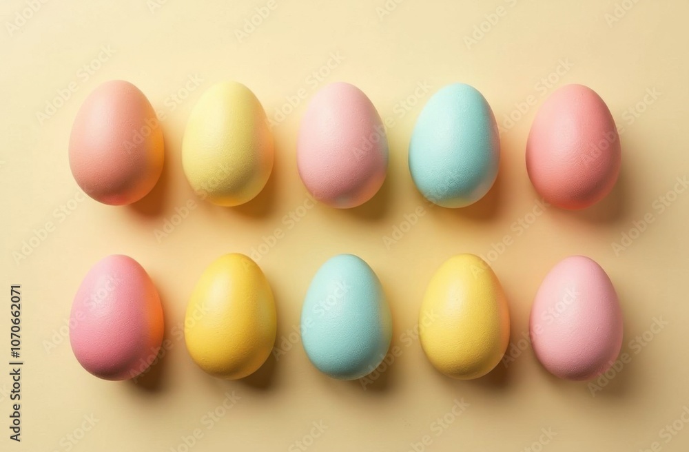 Easter eggs painted in different pastel colors with polka dot pattern and small spots on beige background, top view Easter eggs painted in different pastel colors with polka dot pattern and small spots on beige background, top view