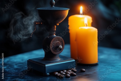 Dark, atmospheric coffee scene with a vintage coffee grinder and candlelight, capturing a gothic vibe photo