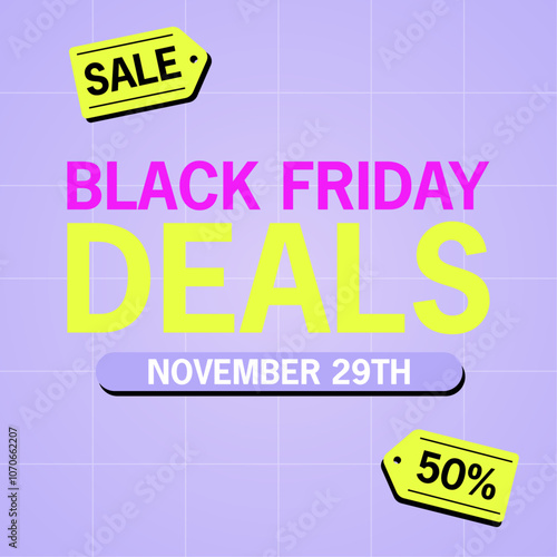 Black Friday deals square vector template. Sale, 50% off. Futuristic bright abstract illustration with grid background, text, date and labels.