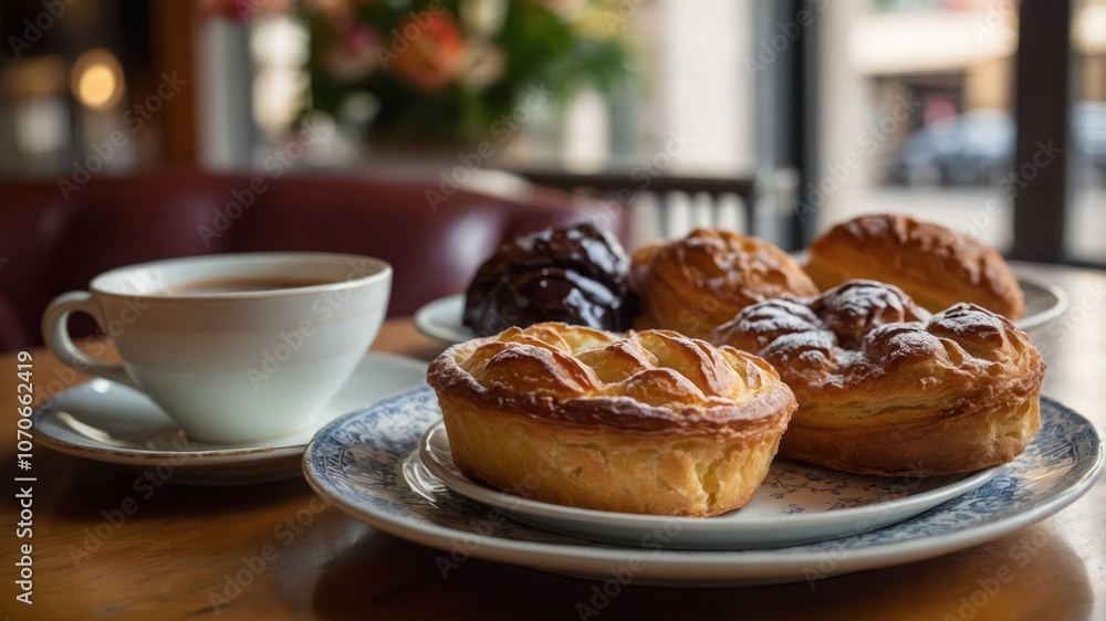 A cozy setting featuring pastries and a cup of coffee on a wooden table. A cozy setting featuring pastries and a cup of coffee on a wooden table.