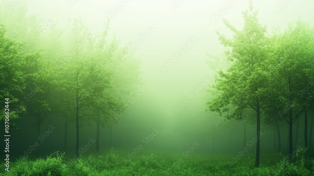 Fototapeta premium Misty green forest with lush trees, creating a tranquil and mysterious atmosphere.