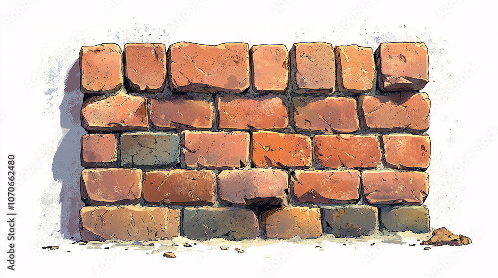 Obraz premium A cartoon-style image of a square brick wall with an old, weathered surface, isolated on a white background