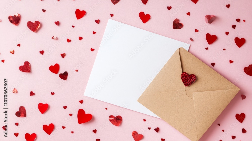 blank letter next to an envelope on a pink background with hearts. valentine's day concept blank letter next to an envelope on a pink background with hearts. valentine's day concept
