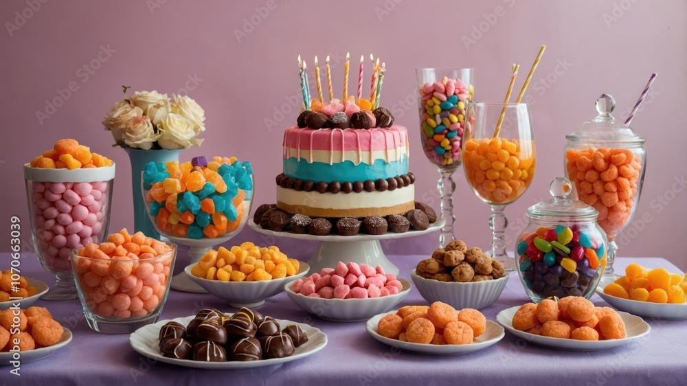 A colorful birthday cake surrounded by various candies and treats for a celebration. A colorful birthday cake surrounded by various candies and treats for a celebration.