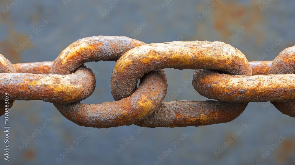 A close-up of a rusted metal chain link against a textured background. A close-up of a rusted metal chain link against a textured background.
